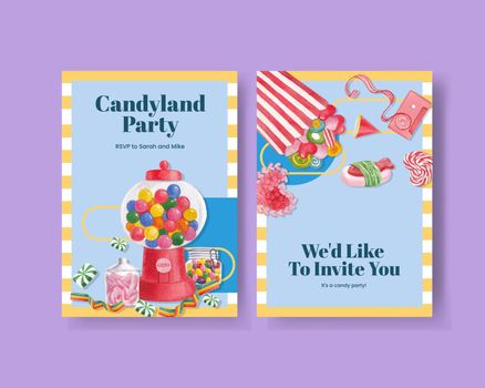 Invitation card template with candy jelly party concept,watercolor style