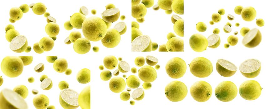 A set of photos. Yellow limes levitate on a white background