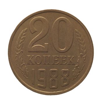 20 kopeks coin, back side, currency of Soviet Union isolated over white
