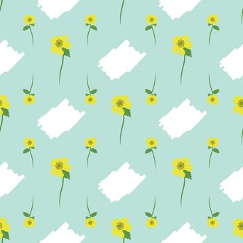 Buttercup flowers vector seamless pattern on pastel green background