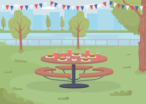 Festive picnic in city park flat color vector illustration