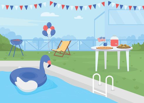 Celebrating Independence day of America at poolside flat color vector illustration