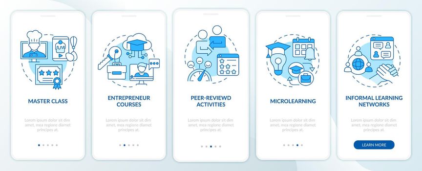 Online education trends blue onboarding mobile app screen. Learning walkthrough 5 steps graphic instructions pages with linear concepts. UI, UX, GUI template. Myriad Pro-Bold, Regular fonts used