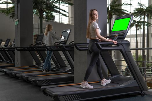 Length treadmill indoors young woman profile full active sport, from workout healthy from person and training recreation, runner athletic. Man care slim,