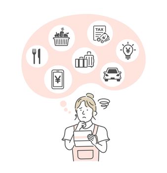 Vector illustration of a young woman looking at a bankbook and worried about money ( inflation )