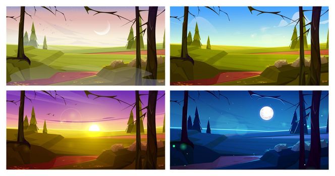 Autumn landscape with bare trees and firs at different time of day. Vector cartoon illustration of fall nature scene with coniferous trees on field in early morning, night, sunset, and noon