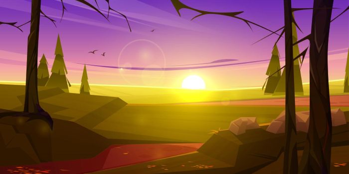 Cartoon nature sunset landscape green field, conifers trees and rocks under purple sky. Scenery view, game background, summer or spring meadow or pasture with plants and stones, Vector illustration