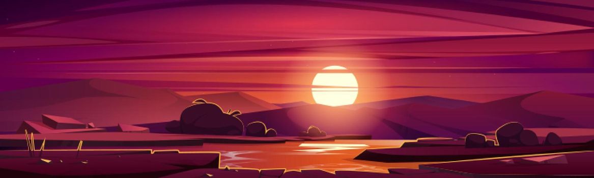 Cartoon nature landscape beautiful sunset at field with pond, grass, rocks and bushes under purple sky with red clouds and sun shine. Picturesque scenery background, natural scene, Vector illustration