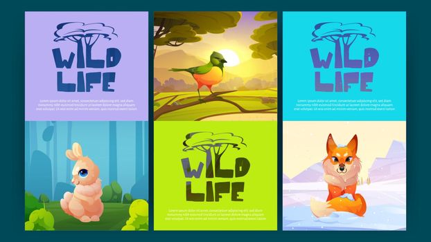 Wild life cartoon banners with forest animals and bird on scenery nature landscape. Environment protection emblems with tree symbol, cute rabbit, fox and birdie sitting on branch, Vector illustration