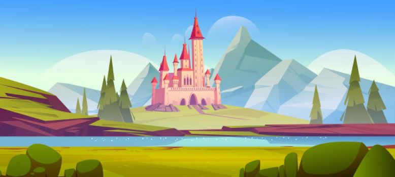 Fairy tale castle in mountain valley with river