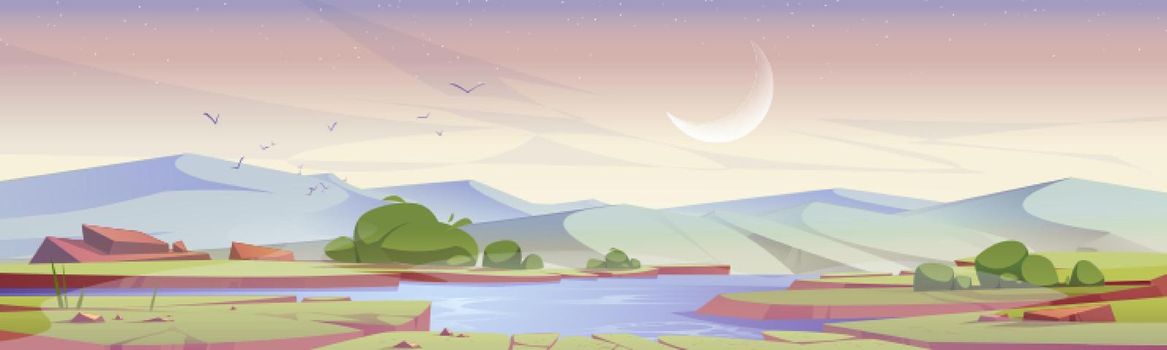 Cartoon early morning nature landscape green field with pond, grass, rocks under pink sky with crescent. Picturesque scenery background, natural dawn tranquil countryside scene, Vector illustration