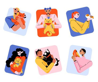 People hug pets square icons, home animals love