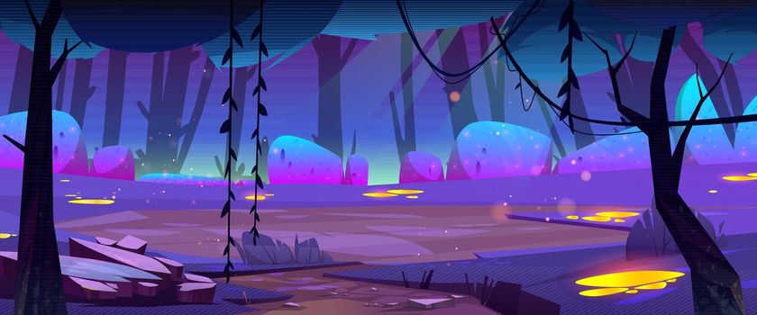 Night forest landscape, cartoon mysterious fantasy