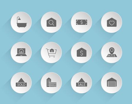 real estate vector icons on round puffy paper circles with transparent shadows on blue background. real estate stock vector icons for web, mobile and user interface design