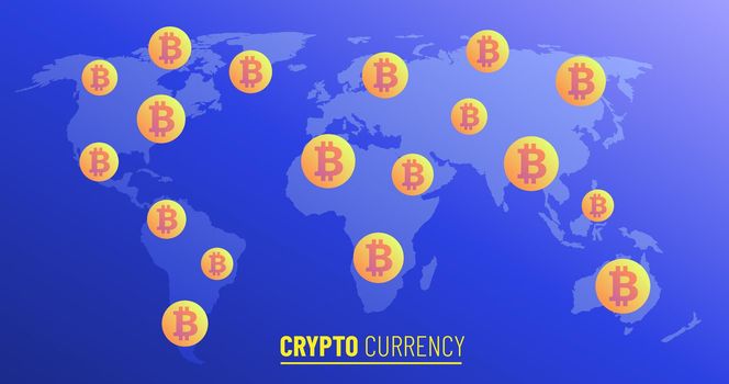 world map with bitcoin cryptocurrency. blue color gradient vector illustration with bitcoins all over the world