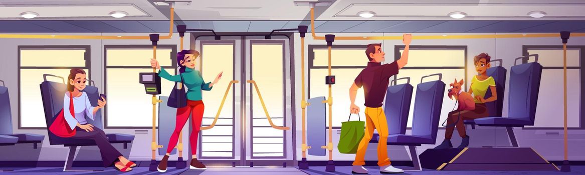 People in bus interior, passengers men and women with luggage, smartphones or pets sit and stand in modern city commuter transport salon with pos terminal and windows, Cartoon vector illustration
