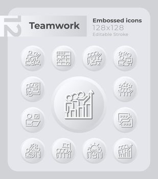 Teamwork in workplace embossed icons set