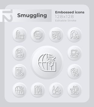 Combat smuggling embossed icons set