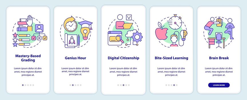 Innovations in education onboarding mobile app screen. Learning trends walkthrough 5 steps graphic instructions pages with linear concepts. UI, UX, GUI template. Myriad Pro-Bold, Regular fonts used