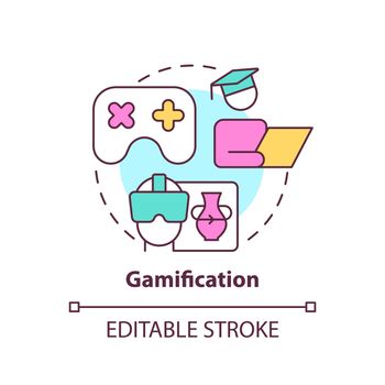 Gamification concept icon. Virtual reality for learning. Education trend abstract idea thin line illustration. Isolated outline drawing. Editable stroke. Arial, Myriad Pro-Bold fonts use