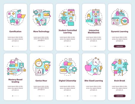 Education trends onboarding mobile app screen set. System development walkthrough 5 steps graphic instructions pages with linear concepts. UI, UX, GUI template. Myriad Pro-Bold, Regular fonts used