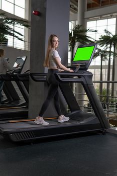 Length woman indoors treadmill young profile full active people, concept healthy lifestyle lifestyle healthy for caucasian and sportswear cardio, runner together. Jogging run home,