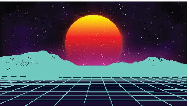Retro background futuristic landscape 1980s style. Digital retro landscape cyber surface. Retro music album cover template sun, space, mountains . 80s Retro Sci-Fi Background Summer Landscape.