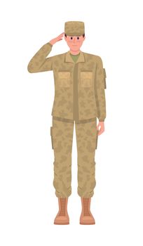 Military man in camouflage uniform semi flat color vector character