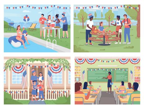 Independence day celebration in America flat color vector illustration set. Patriotic holiday and national proud 2D simple cartoon characters with landscape, interior and exterior on background pack