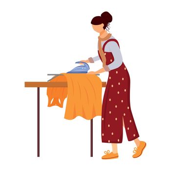 Girl ironing clothes semi flat color vector character