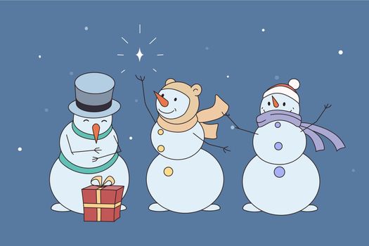 Happy snowmen in hats for happy new year holidays