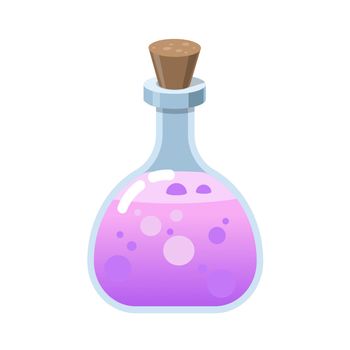 Magic glass bottle. Alchemy elixir in glass flask. Cork and purple potion, cartoon vector. Witchcraft pink potion of witch or poison