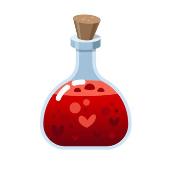 Magic glass bottle. Alchemy love elixir in glass flask. Cork and red potion, cartoon vector with hearts. Witchcraft pink potion of witch or poison