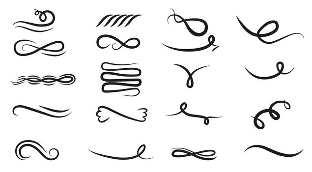 Hand drawn collection of curly swishes, swashes, swoops. Calligraphy swirl. Highlight text elements. Vector illustration.