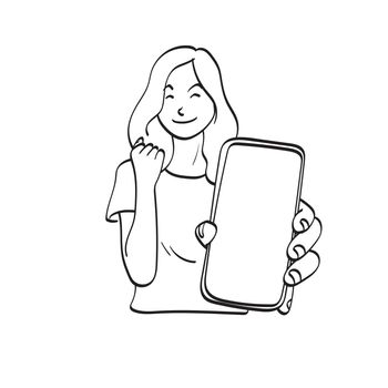 half length woman showing smartphone with blank screen illustration vector hand drawn isolated on white background line art.