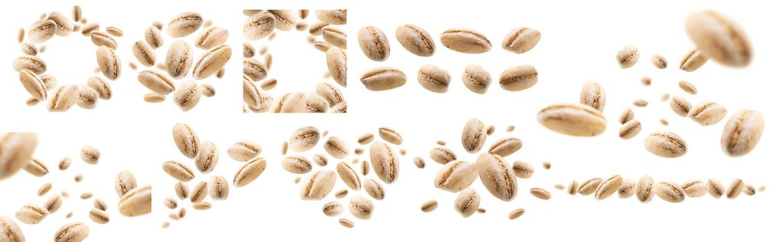 A set of photos. Pearl barley levitates on a white background