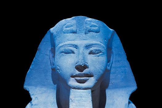 Egyptian archaeology. Ancient Sphinx in sandstone representing the pharaoh, copy space.