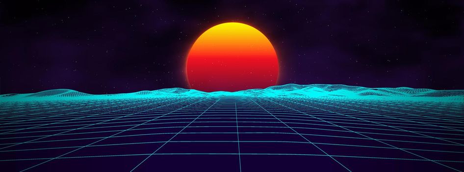 80s background retro landscape. Futuristic neon 1980s style. Cyber surface. Party background. Retro 80s fashion Sci-Fi Summer Landscape Background.