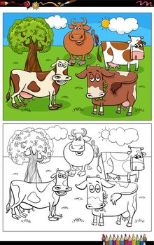 funny cartoon cattle farm animals group coloring book page