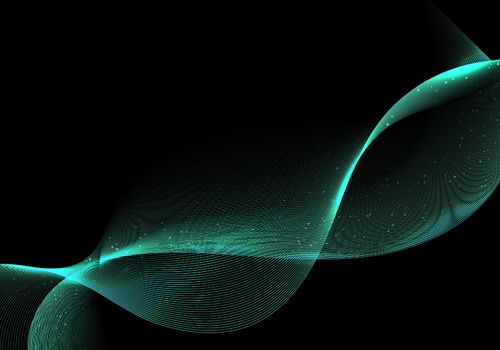 Abstract green wave or wavy lines glow light effect with particles on black background