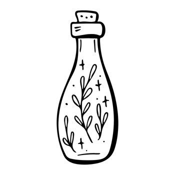 Vector doodle bottle of magic potion with leaves and floral. Hand drawn illustration