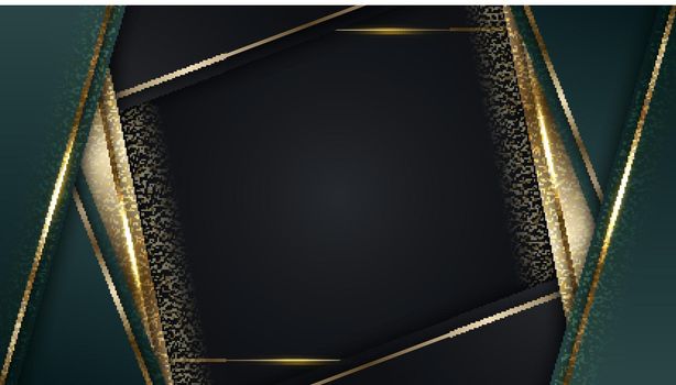 3D modern luxury template design green and golden stripes with gold glitter line light sparking on black background. Vector graphic illustration