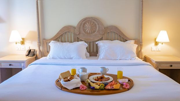 breakfast in bed bedroom of an appartment luxury hotel condo in Mauritius