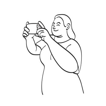 line art half length of fat woman taking photo with her smartphone illustration vector hand drawn isolated on white background