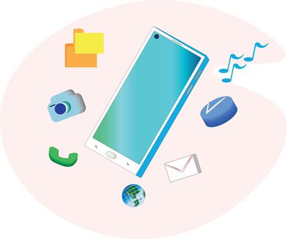 Mobile phone illustration. The most important functions of society are electronic communication. Mobile communication, e-mail, internet, music, photos.