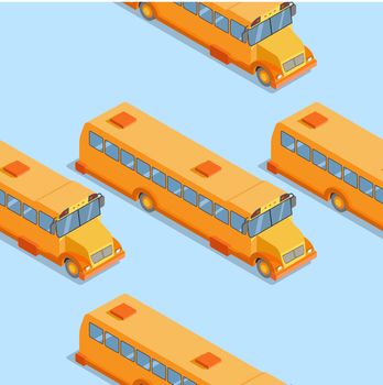 School bus seamless pattern on blue background.