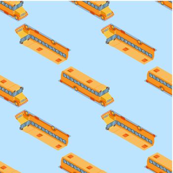 School bus seamless pattern on blue background.