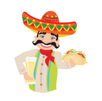 Mexican man holding a cold beer and a taco