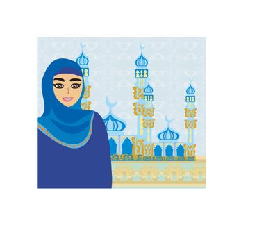 beautiful muslim women on mosque background.