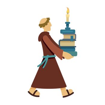 Monk with pile of books semi flat color vector character
